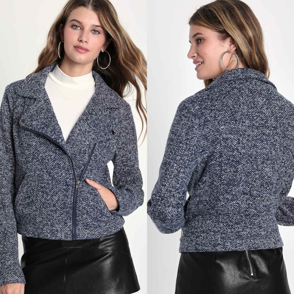 Lulus | Edgy Effect Heather Navy Blue Moto Jacket